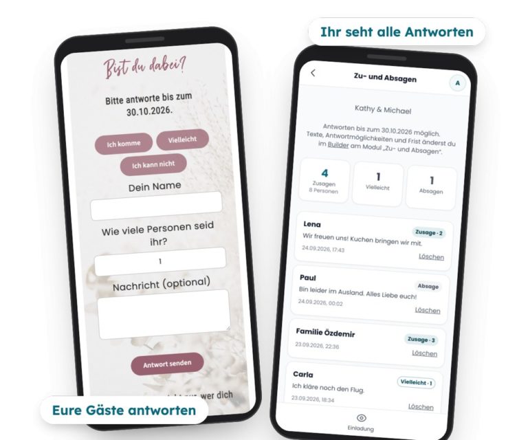 Digitale Hochzeitseinladung mit Rückmeldung: Gäste sagen direkt auf der Einladung zu oder ab, das Brautpaar sieht alle Antworten in der App