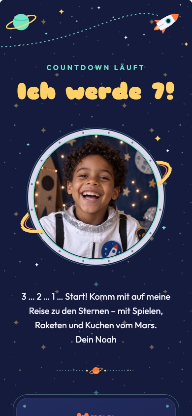 Einladungsvorlage „Weltraum-Mission“ zum Kindergeburtstag – feierly