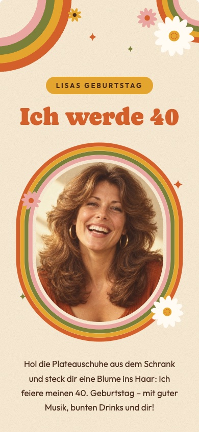 Einladungsvorlage „Groovy 70s“ zum Geburtstag – feierly