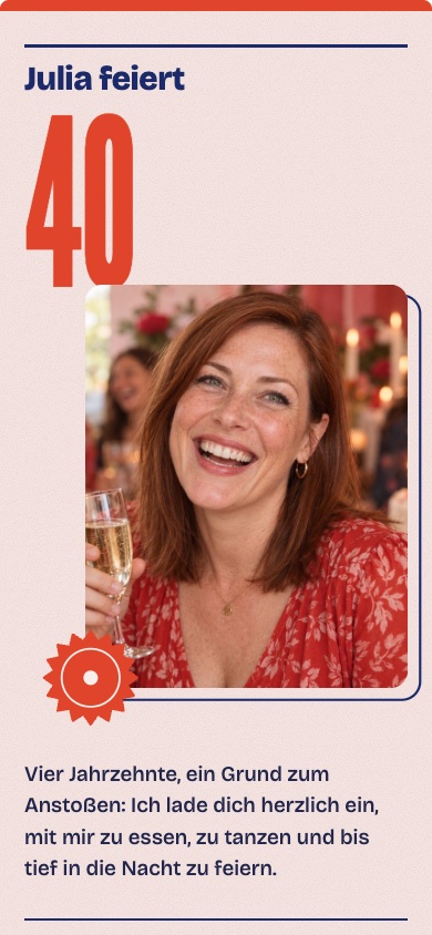 Einladungsvorlage „Julia feiert 40“ zum Geburtstag – feierly