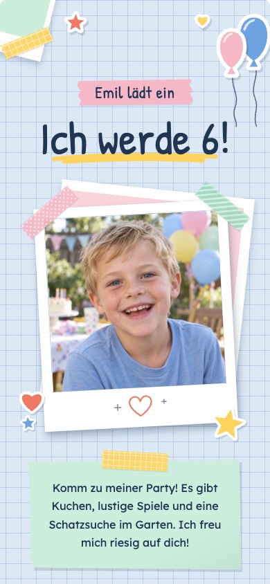 Einladungsvorlage „Ich werde 6!“ zum Kindergeburtstag – feierly
