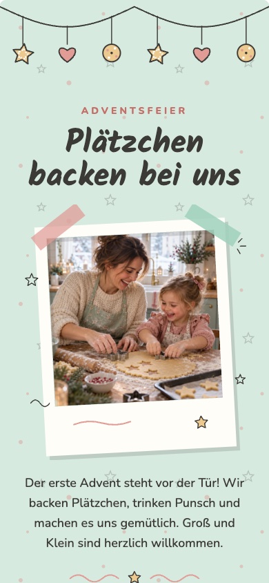 Einladungsvorlage „Plätzchen backen bei uns“ für die Adventsfeier – feierly
