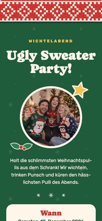 Einladungsvorlage „Ugly Sweater Party!“ für den Wichtelabend – feierly