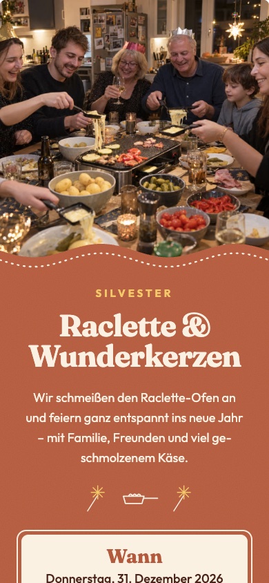 Einladungsvorlage „Raclette & Wunderkerzen“ für Silvester – feierly