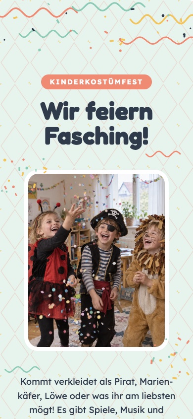 Einladungsvorlage „Wir feiern Fasching!“ für das Kinderkostümfest an Fasching – feierly