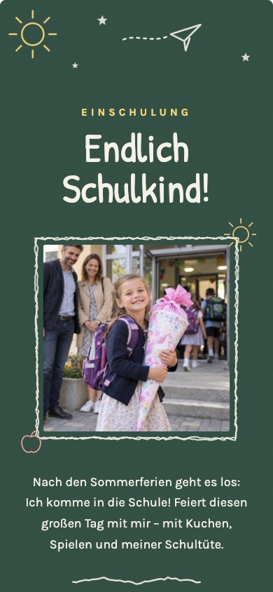 Einladungsvorlage „Endlich Schulkind!“ zur Einschulung – feierly