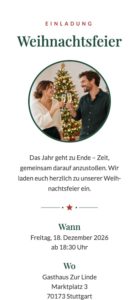 Kostenlose Einladungsvorlage „Weihnachtsfeier“ in Weiß mit Tannengrün – feierly